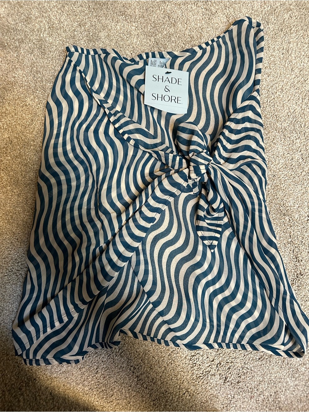Shade & Shore Blue and Cream Wave Print Tie-Front Swim Cover Up